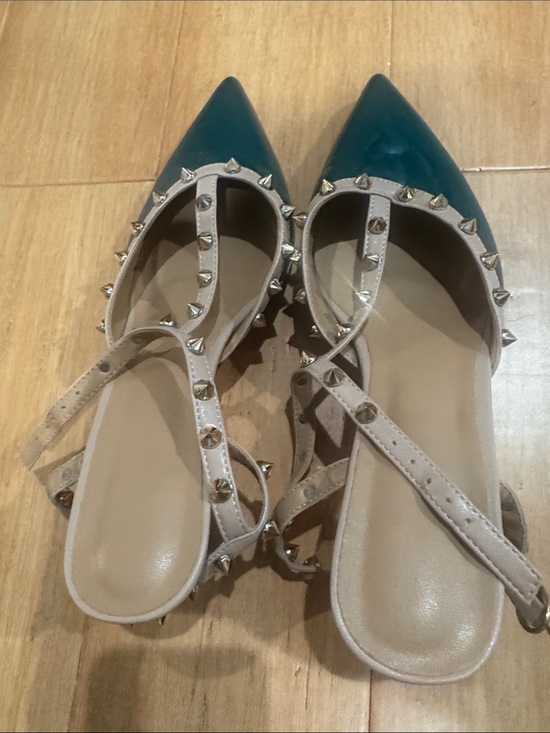 Shoes - Studded Pointed Toe heels in Teal and Nude